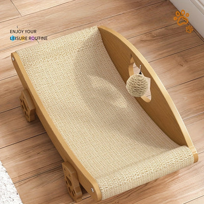 Chaise longue griffoir pour chat en sisal naturel avec jouet balle suspendue – Lit pour chat incurvé en bois massif, canapé anti-rayures pour chaton, protecteur de meubles pour chats d'intérieur