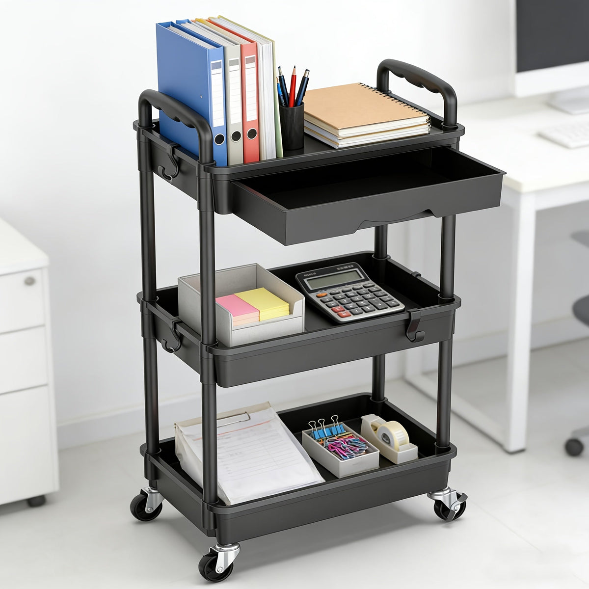 Desserte de rangement à roulettes 3 et 4 niveaux avec tiroir et roues verrouillables – Étagère de rangement multifonctionnelle en plastique pour cuisine, salle de bain, salon, bureau – 7 couleurs