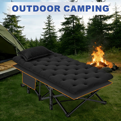 Lit de camping pliant avec matelas et poches latérales – Lit de camp portable robuste pour adultes, lit d'appoint pliable pour le camping, l'extérieur, la terrasse, le bureau ou la chambre d'amis