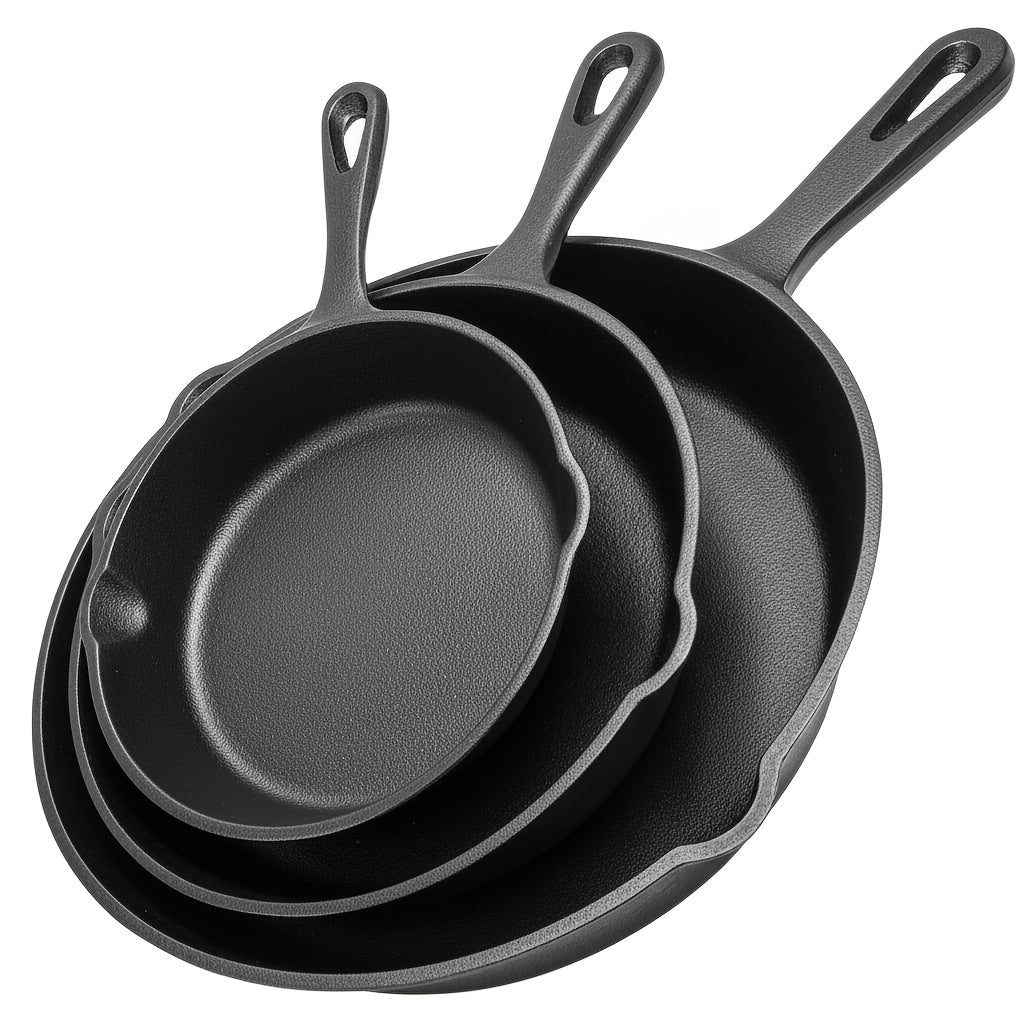 Ensemble de 3 poêles en fonte avec bec verseur – Batterie de cuisine robuste antiadhésive pré-culottée pour les repas de fêtes, le camping en VR, les repas au feu de camp, compatible four et plaque de cuisson, cadeau de cuisine