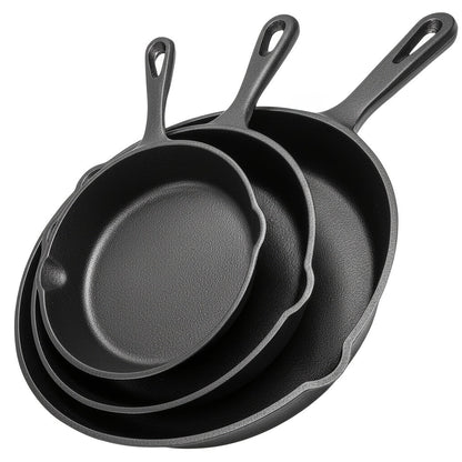 Ensemble de 3 poêles en fonte avec bec verseur – Batterie de cuisine robuste antiadhésive pré-culottée pour les repas de fêtes, le camping en VR, les repas au feu de camp, compatible four et plaque de cuisson, cadeau de cuisine