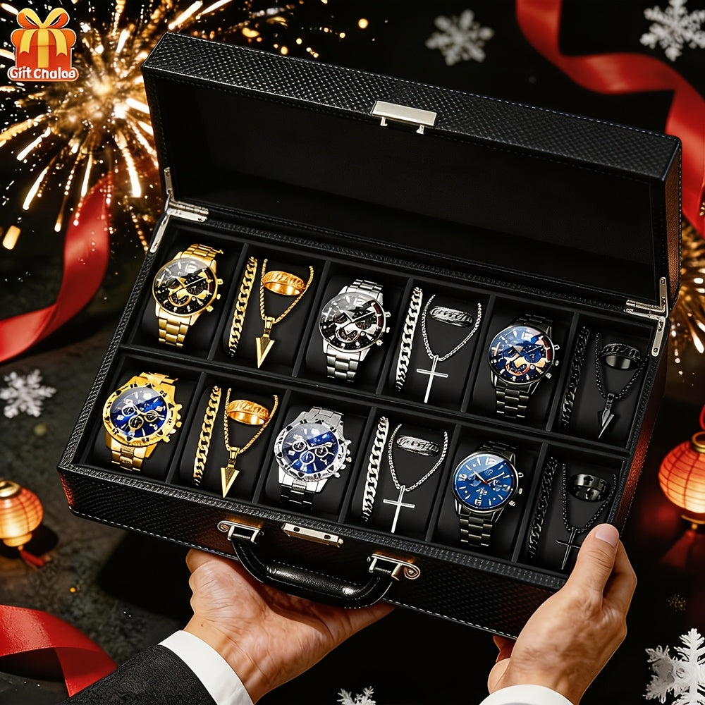 Coffret cadeau 12 pièces pour homme : montre et bijoux hip-hop – 3 montres analogiques à quartz + ensemble de 9 pièces comprenant bracelets, colliers et bagues, cadeau idéal pour Noël et les anniversaires
