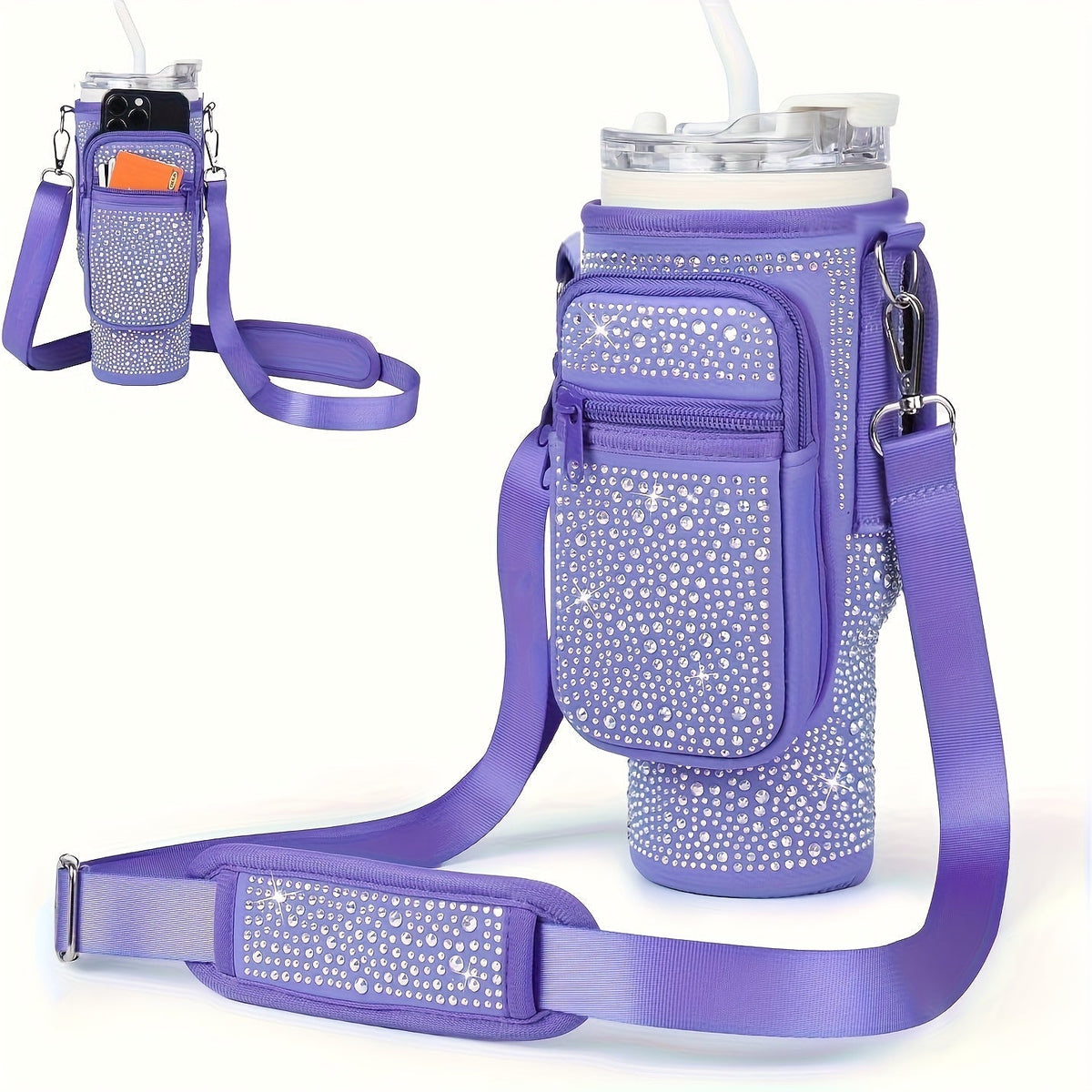 Sac porte-gobelet en néoprène avec poche pour téléphone et bandoulière réglable – Compatible avec les gobelets de 30 et 40 oz, porte-bouteille à clip pour la randonnée, le camping et les sports de plein air, 4 couleurs