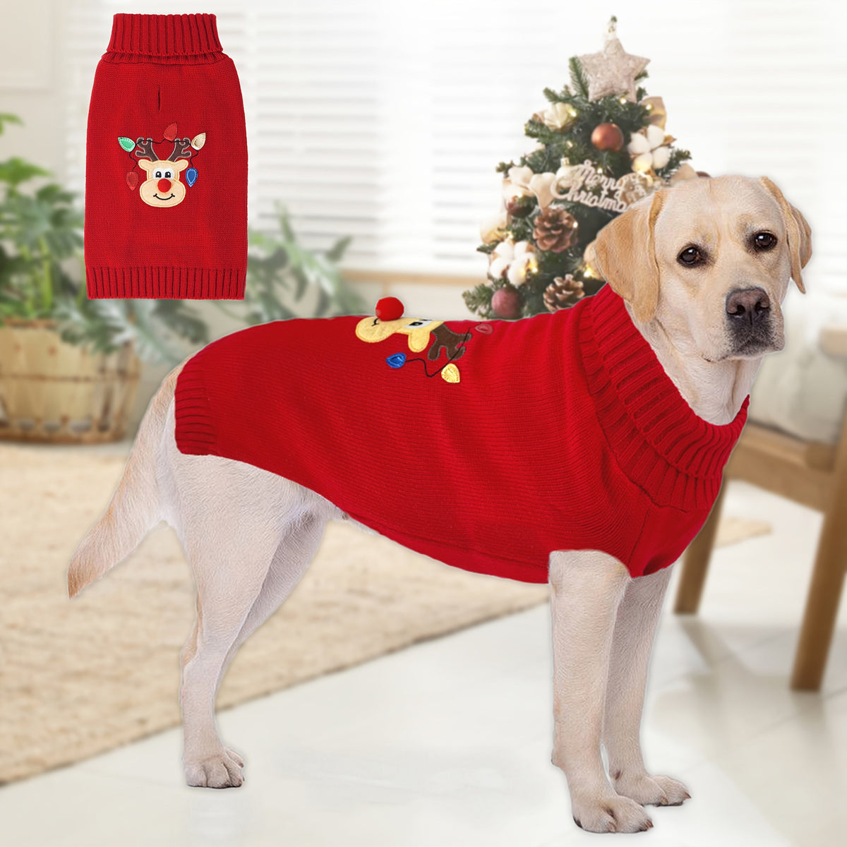 Pull de Noël pour chien – Pull d'hiver en tricot épais à col roulé pour chiens de taille moyenne et grande, vêtement festif rouge doux et chaud pour Labrador, Rottweiler, Beagle, tenue pour chien élastique et confortable
