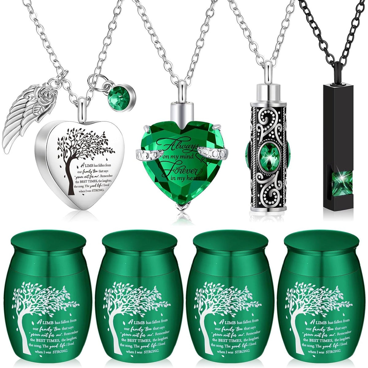Lot de 8 petites urnes funéraires pour cendres – Ensemble de souvenirs en alliage avec pendentif médaillon en forme de cœur « Arbre de vie » pour hommes et femmes, cadeau commémoratif pour inhumation et crémation, 8 couleurs