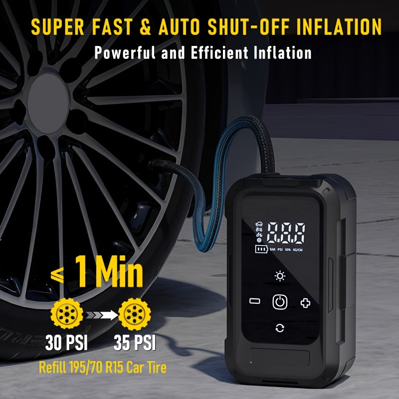 Gonfleur de pneus portable sans fil – Compresseur d'air intelligent sans fil avec manomètre numérique et lampe LED pour voitures, motos, vélos et ballons, recharge rapide Type-C