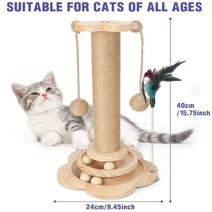 Arbre à chat en bois 5-en-1 avec griffoir pour chats d'intérieur, poteau en sisal, circuit à balles sur 2 niveaux, jouet interactif à plumes et balles suspendues, mobilier pour chatons et chats adultes