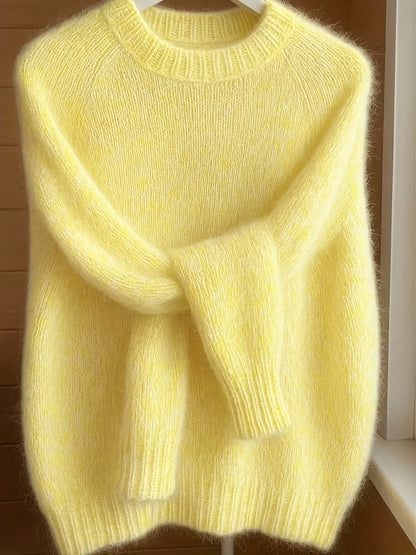 Pull à col rond style français pour femme | Pull en maille 100 % polyester doux et confortable, haut élégant à manches longues et coupe droite pour le printemps et l'automne