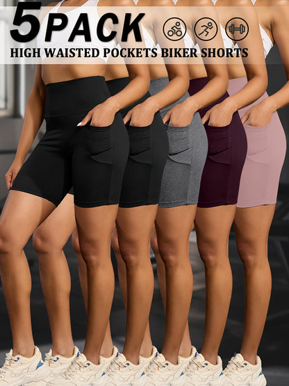 Lot de 5 shorts de cyclisme taille haute pour femme avec poches – Short de sport gainant, opaque, entrejambe de 15 cm, short athlétique ultra-doux et très extensible pour la course, le yoga, la gym et l'entraînement estival