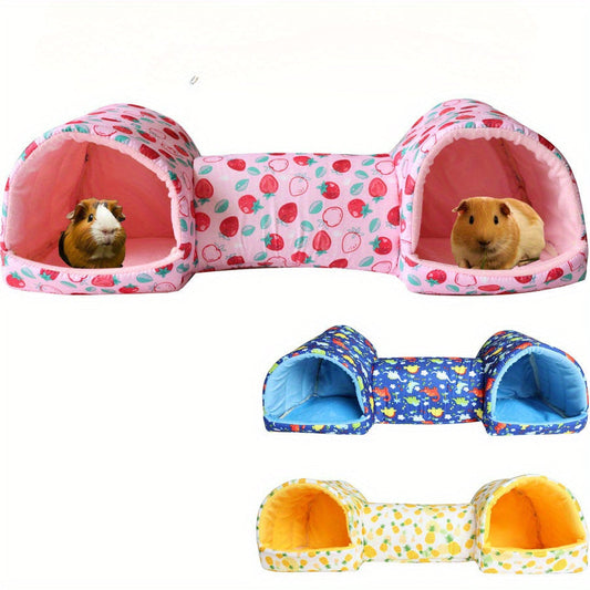 Villa tunnel cachette pour hamster pour petits animaux, nid en polyester toutes saisons avec tunnel pour cochons d'Inde, phalangers du sucre et petits animaux, maison cachette douillette en peluche pour hamsters, lit de couchage chaud pour petits animaux