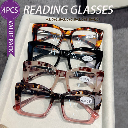 Lunettes de lecture photochromiques œil de chat pour femmes et hommes, lot de 4 paires, monture large multicolore, charnières à ressort, puissance de +1,00 à +4,00, protection UV, style européen et américain tendance, coffret cadeau de vacances
