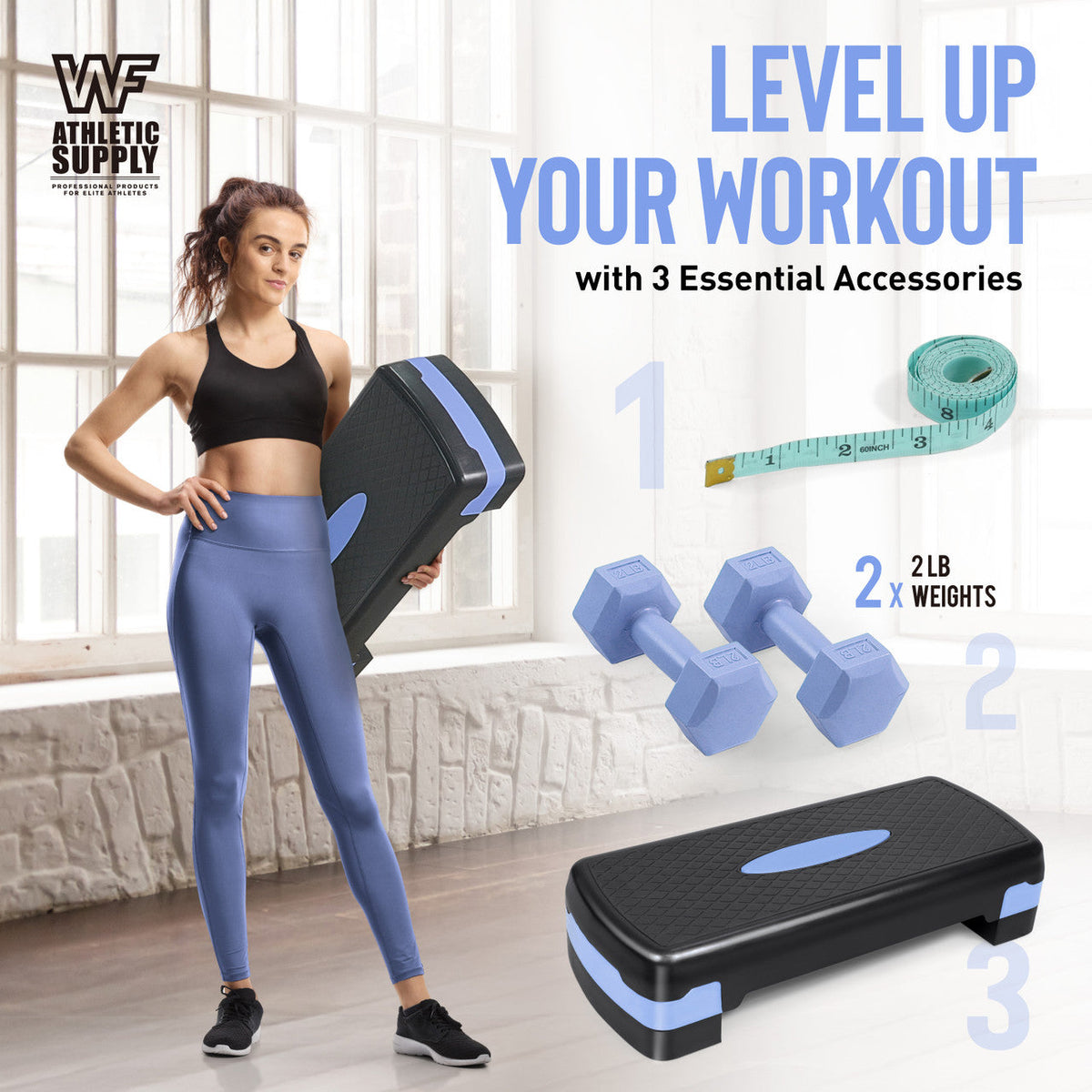 Set de step aérobic avec 2 haltères et ruban à mesurer – Plateforme de step ajustable en hauteur (10-15 cm), antidérapante, capacité de 250 kg, cadeau pour entraînement à domicile, bleu, vert, rose