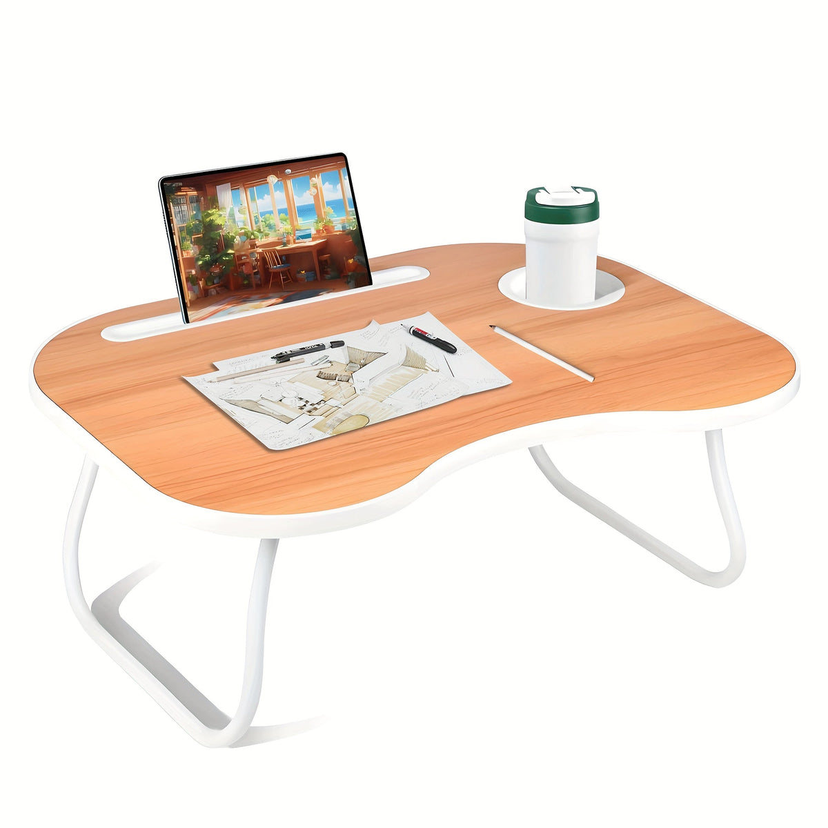 Support pour ordinateur portable avec port USB, tiroir de rangement et porte-gobelet – Plateau de lit en bois noyer pour manger, écrire, canapé, adultes et étudiants