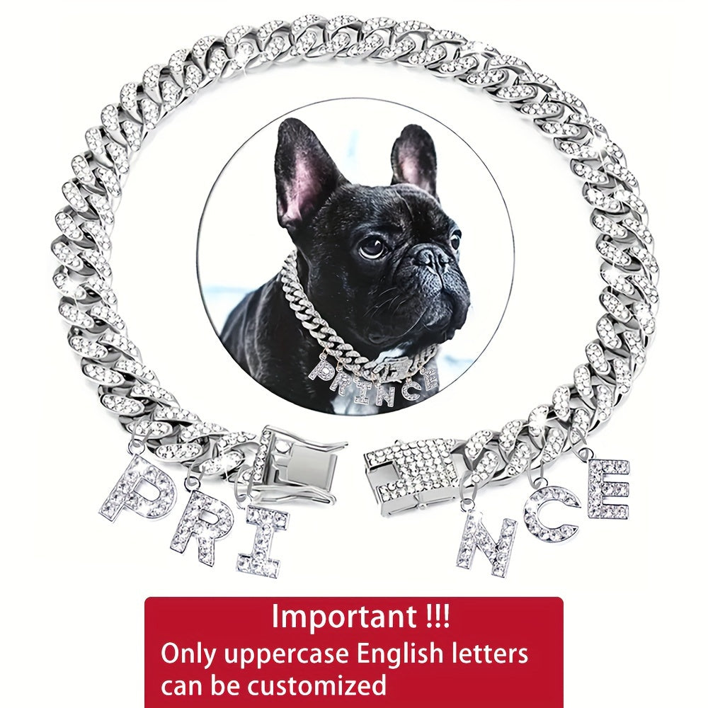 Collier pour chien personnalisé avec pendentif lettre en strass – Collier pour chien à chaîne cubaine étincelante de 13 mm, breloque initiale personnalisée, double fermoir pour petits et moyens chiens, bijou de luxe pour animal de compagnie
