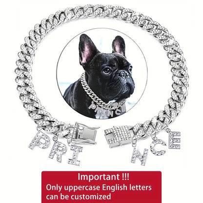 Collier pour chien personnalisé avec pendentif lettre en strass – Collier pour chien à chaîne cubaine étincelante de 13 mm, breloque initiale personnalisée, double fermoir pour petits et moyens chiens, bijou de luxe pour animal de compagnie
