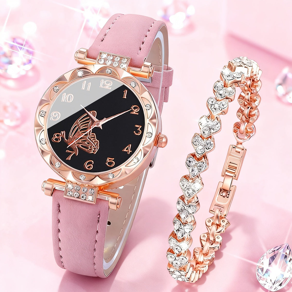 Coffret montre cœur orné de strass pour femme – 2 montres à quartz avec bracelet en similicuir, ensemble de montres-bracelets or rose et rose, idée cadeau pour la Saint-Valentin, les anniversaires et les fêtes