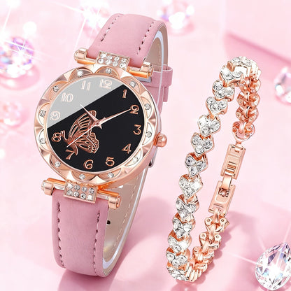 Coffret montre cœur orné de strass pour femme – 2 montres à quartz avec bracelet en similicuir, ensemble de montres-bracelets or rose et rose, idée cadeau pour la Saint-Valentin, les anniversaires et les fêtes