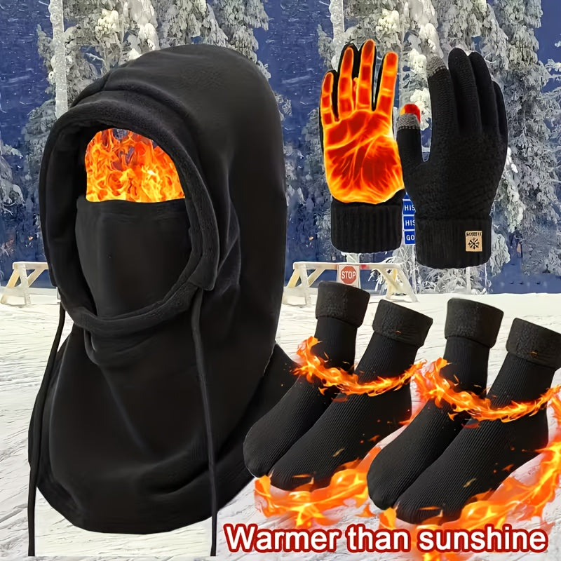 Ensemble thermique d'hiver 3/4 pièces, masque coupe-vent, gants tactiles, chaussettes en polaire épaisse, équipement grand froid pour snowboard, ski, randonnée, pêche sur glace – Lot d'accessoires d'extérieur chauds et légers