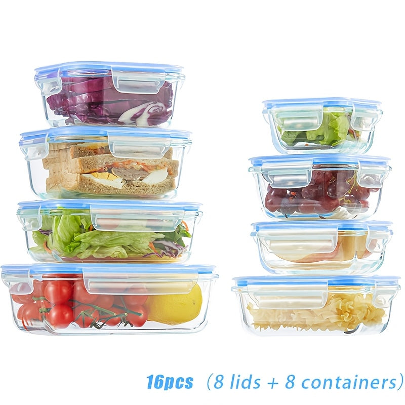 Lot de 8 récipients de conservation en verre avec couvercles – Boîtes de préparation de repas hermétiques en verre borosilicaté, compatibles four, micro-ondes et lave-vaisselle, rangement de cuisine empilable pour restes et déjeuners