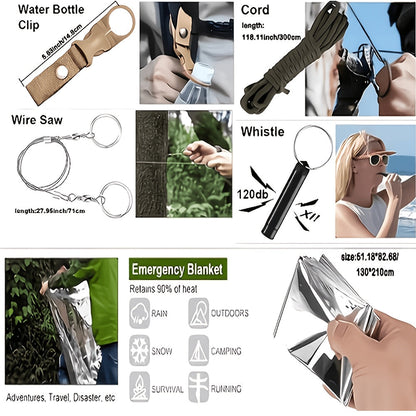 Kit de survie de 242 pièces – Équipement d'urgence en plein air avec allume-feu et trousse de premiers secours pour le camping, la randonnée, les voyages, la voiture et l'école, cadeau pour hommes et femmes, couleurs multiples