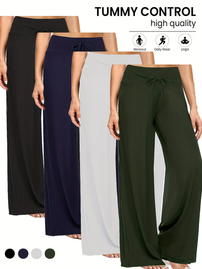 Pantalon palazzo large pour femme, lot de 4 – Pantalon fluide, extensible et décontracté à taille haute pour la plage ou la détente, pantalon habillé ample pour le quotidien, les vacances, l'été et grandes tailles – S à XXL, noir et couleurs assorties