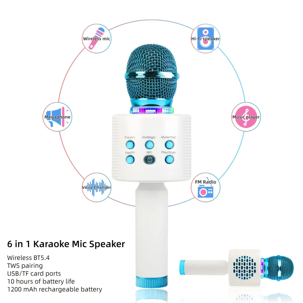 Microphone karaoké sans fil 5-en-1 avec haut-parleur intégré, lumières LED et changeur de voix – Micro de chant Bluetooth portable pour fêtes, réunions de famille, voyages et activités en plein air, 10 couleurs