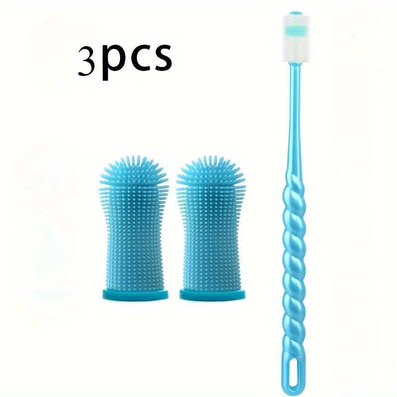 Kit de soins dentaires pour animaux de 3 pièces : brosse à dents en silicone à 360°, brosse à doigt et brosse à micro-filaments pour chiens et chats, souple et douce, aucune pile requise