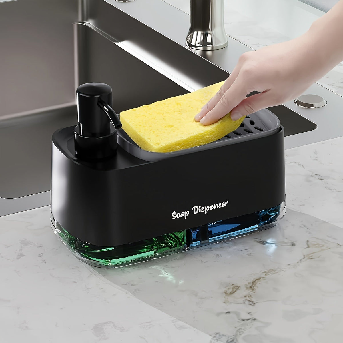Distributeur de savon 2-en-1 avec porte-éponge intégré pour évier de cuisine – Distributeur à pompe pour comptoir pour savon à mains et vaisselle, distributeur de détergent, recharge facile, organisateur de cuisine idéal