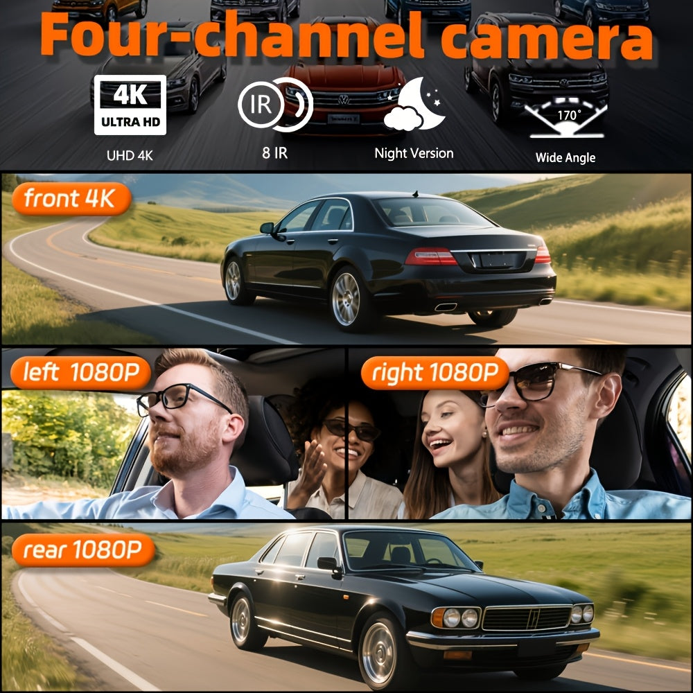 Dashcam 4K avec caméra rotative 360° à 4 canaux, carte SD 32 Go offerte, vision nocturne, enregistrement en boucle 24h/24, moniteur de stationnement, caméras avant 4K et latérales/arrière 1080p, pour tous véhicules