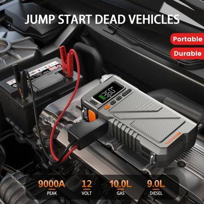 Démarreur portable 6000 A/9000 A avec compresseur d'air 150 PSI – Boîtier de démarrage 7-en-1 avec gonfleur de pneus numérique et batterie externe pour moteurs à essence (10 L) et diesel (9,0 L), démarreur de voiture avec ports USB