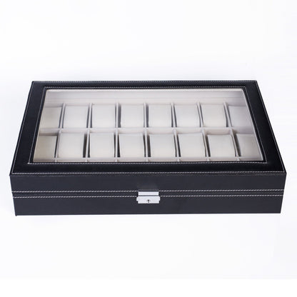 Boîte de rangement pour 24 montres en cuir – Présentoir grande capacité avec couvercle à ouverture par le haut, coffret verrouillable pour hommes et femmes, élégant écrin de collection en cuir PU noir