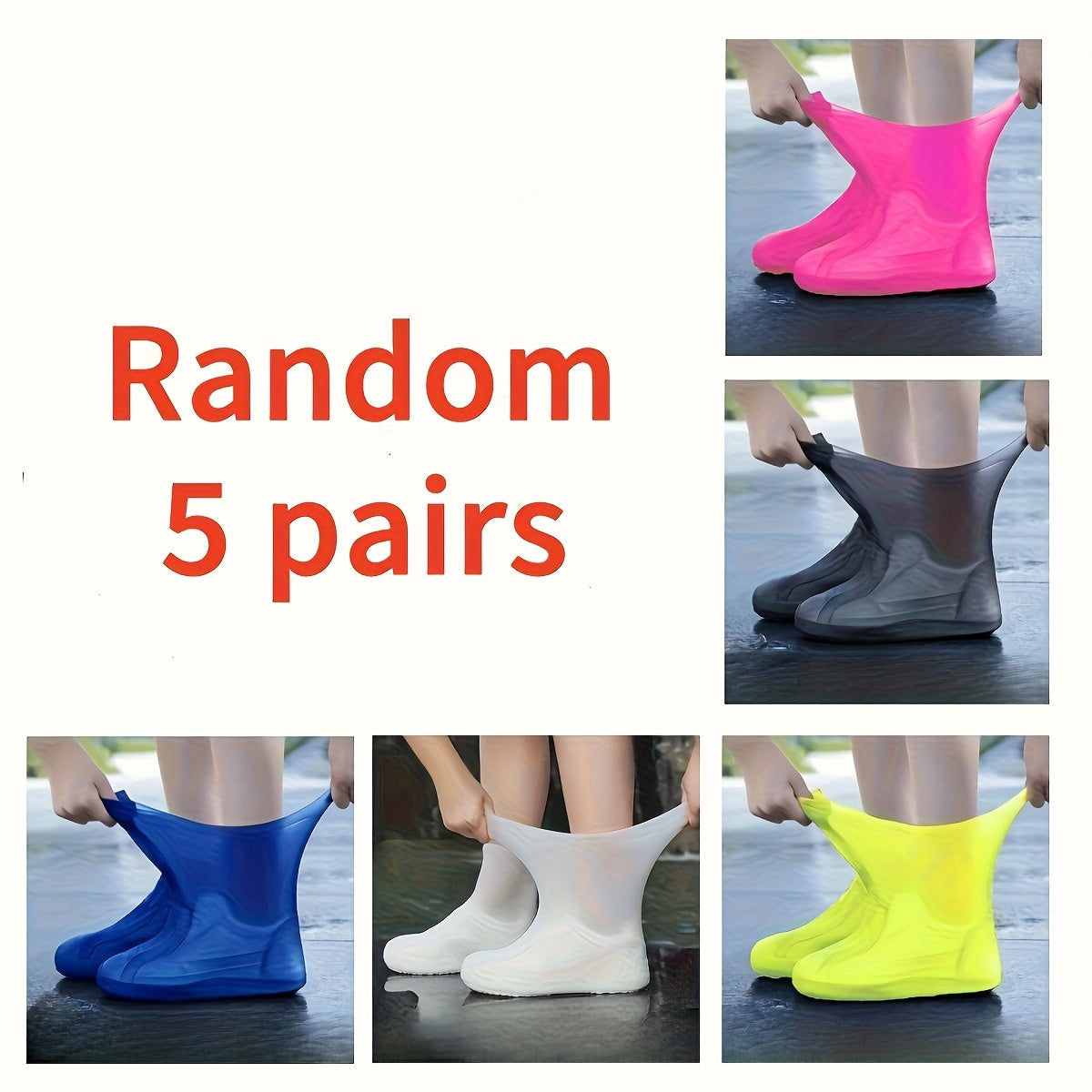 Sur-chaussures de pluie réutilisables en latex pour hommes, femmes et enfants – Lot de 5 paires couleurs assorties, taille unique (EU 34-45), protection antidérapante durable contre la pluie pour usage extérieur