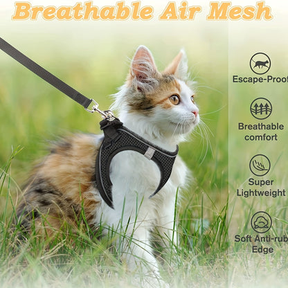 Harnais et laisse anti-fugue pour chatons - Harnais gilet en maille souple réfléchissante pour des promenades en extérieur en toute sécurité, veste de marche réglable et respirante pour chat, noir et rose, taille S