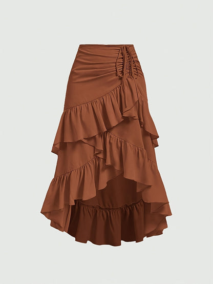Women's Asymmetrical Pleated Hem Multi-Layer Midi Skirt – Flowy Chiffon-Style 100% Polyester Spring Fall Fashion Tiered Ruffle Swing Skirt