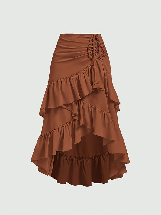 Jupe midi asymétrique à ourlet plissé et superpositions pour femme – Jupe patineuse à volants étagés, style mousseline fluide, 100 % polyester, mode printemps-automne