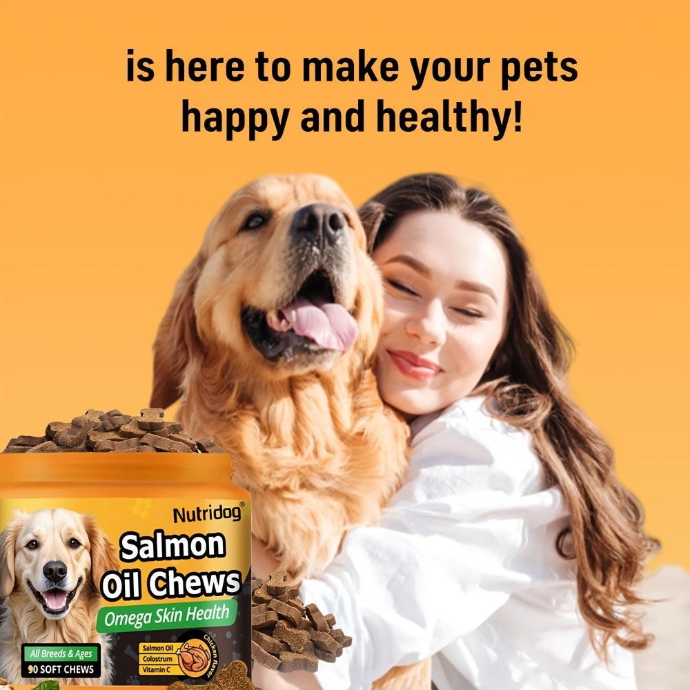 Complément nutritionnel pour chiens en bouchées tendres, 90 unités, aux probiotiques et huile de saumon, goût poulet - Soutient la santé du pelage, la santé intestinale et l'immunité pour les chiens de tous âges, 225 g