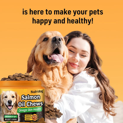 Complément nutritionnel pour chiens en bouchées tendres, 90 unités, aux probiotiques et huile de saumon, goût poulet - Soutient la santé du pelage, la santé intestinale et l'immunité pour les chiens de tous âges, 225 g
