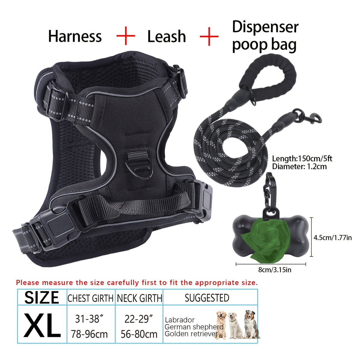 Ensemble harnais et laisse pour chien 4 pièces, gilet réfléchissant en Oxford anti-traction et anti-étranglement avec laisse, distributeur de sacs à déjections et poignée de contrôle facile, pour chiens moyens et grands, dressage et promenade en extérieur