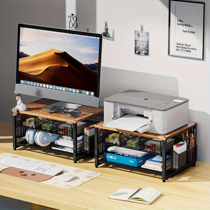Support d'imprimante en métal pour bureau avec tiroir de rangement et 2 porte-stylos – Organisateur de bureau à 2 niveaux pour bureau à domicile, table d'imprimante polyvalente pour télécopieur, scanner et dossiers, bois et noir