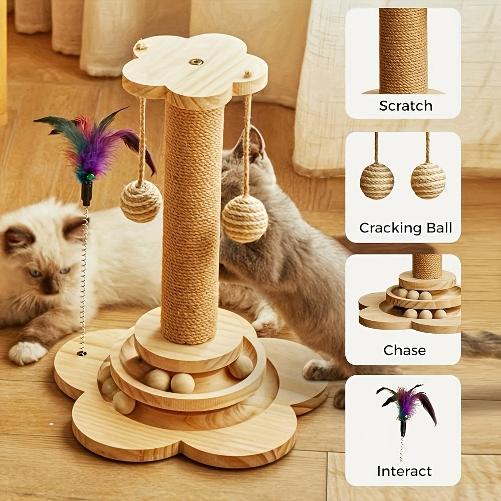 Arbre à chat 4-en-1 avec griffoir en sisal, jouet à plume, circuit à balles à deux niveaux et 6 balles en bois – Centre d'activité en bois massif anti-basculement pour chats d'intérieur, chatons et foyers multi-chats