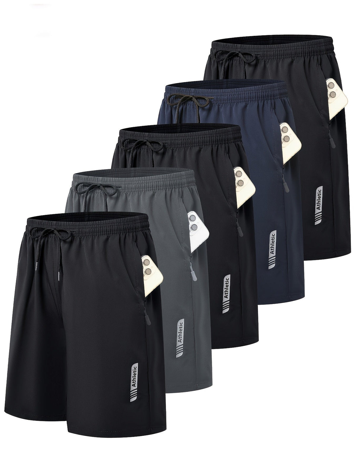 Lot de 5 shorts de sport pour homme – Shorts de gym et de basketball à séchage rapide avec taille élastique et poche latérale zippée, vêtements de sport légers pour la course, la randonnée et le quotidien