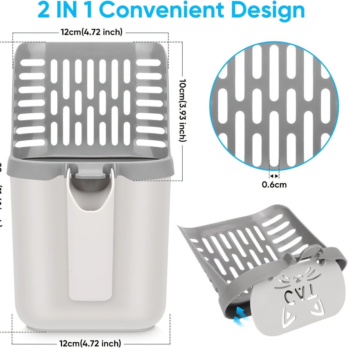 Pelle à litière avec support et sac de rechange – Pelle anti-déversement grande capacité, construction monobloc, base robuste, élimination facile des déchets pour foyers à plusieurs chats et voyages, gris blanc