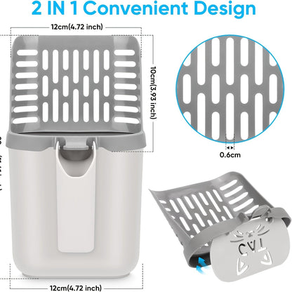 Pelle à litière avec support et sac de rechange – Pelle anti-déversement grande capacité, construction monobloc, base robuste, élimination facile des déchets pour foyers à plusieurs chats et voyages, gris blanc