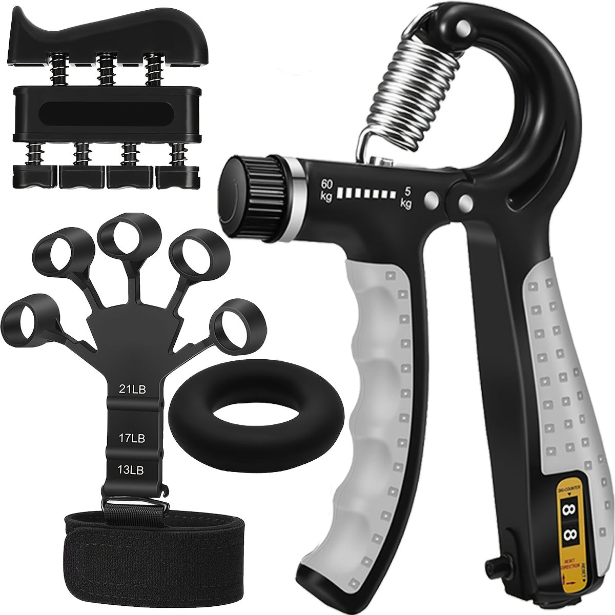 Kit d'entraînement de la force de préhension 4 pièces – Pince de musculation, exerciseur de doigts, anneau de renforcement manuel et extenseur de doigts avec dragonne pour hommes, femmes et athlètes