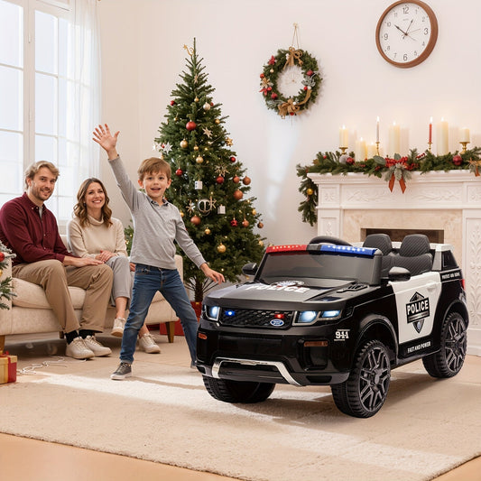 Voiture de police électrique pour enfants 12V - SUV avec télécommande parentale, mégaphone, gyrophares et sirène, lecteur MP3, suspension à ressort - Batterie 1-2 heures - Jusqu'à 5 km/h - Capacité 30 kg - Cadeau pour garçons et filles