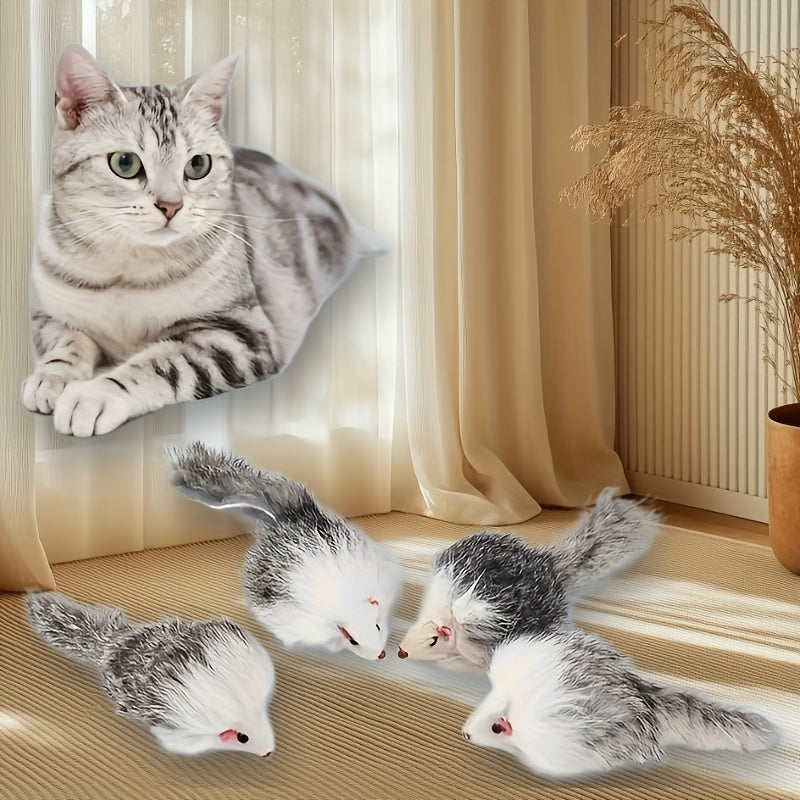 Lot de 3 ou 5 souris en peluche pour chat - Jouets souris réalistes à poils longs avec corps en plastique bicolore, jouets interactifs d'intérieur pour l'exercice des chatons et des chats adultes