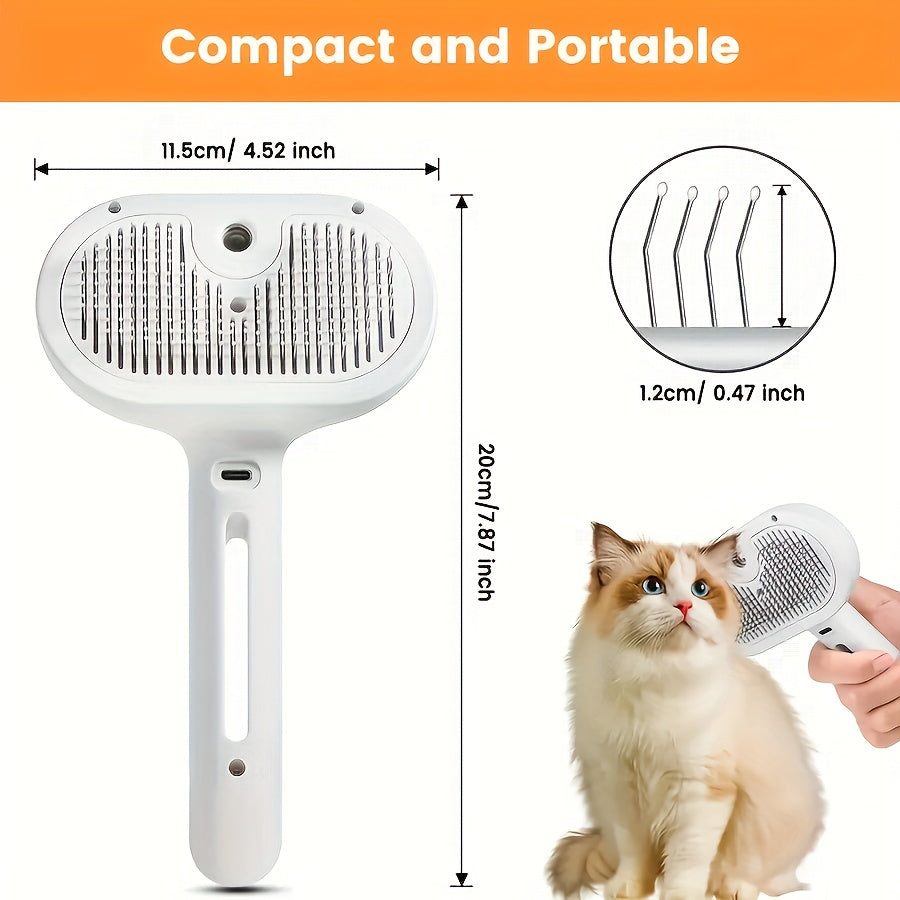 Brosse à vapeur 3-en-1 pour chat, peigne de toilettage avec vapeur et bouton de libération, outil d'épilation et de démêlage pour chiens et chats de toutes tailles, utilisation en intérieur, blanc rose