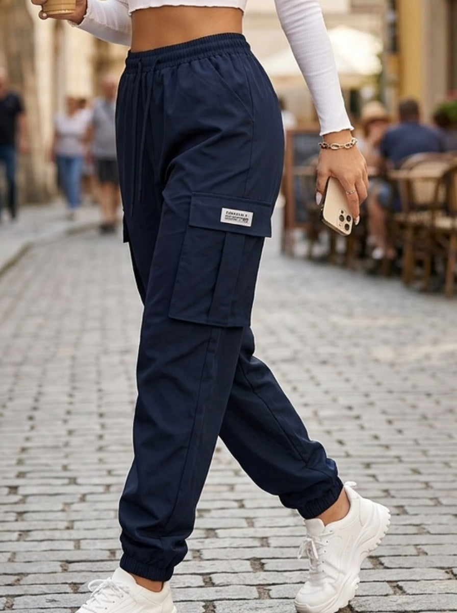 Pantalon cargo pour femme avec poches zippées – Taille élastique à cordon de serrage, grandes poches, pantalon décontracté pour l'extérieur, noir, gris, vert, bleu, XS-XXL