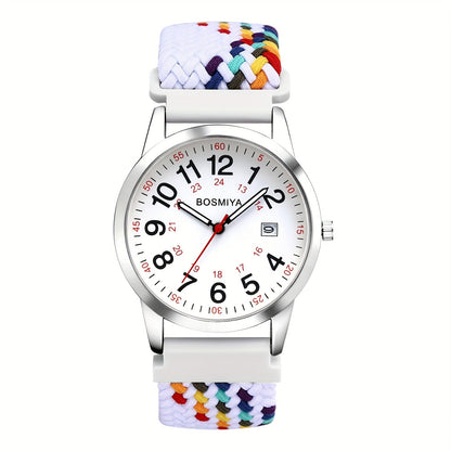 Montre de sport à quartz analogique avec grand cadran à calendrier et bracelet en nylon tressé – Montre-bracelet ronde à lecture facile avec cadran 24 heures pour hommes et femmes, bracelet élastique réglable et souple, 4 styles