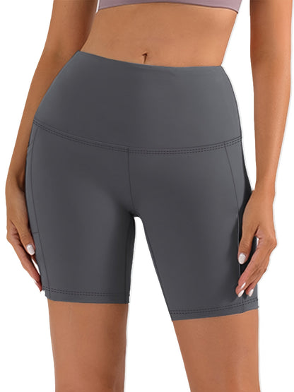Short de yoga taille haute pour femme – Short de sport extensible 4 directions, anti-transpirant, avec ceinture élastique et poches latérales pour la course, le vélo et l'entraînement – Noir, gris foncé et bleu marine, tailles S-XXL